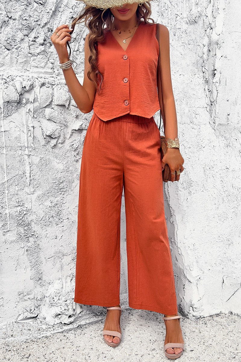 Sleeveless Button Deep V Neck Pockets Solid Sets