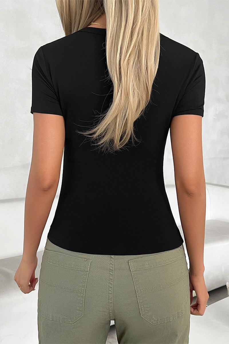 Square Neck Solid Elastic Short Sleeves Top
