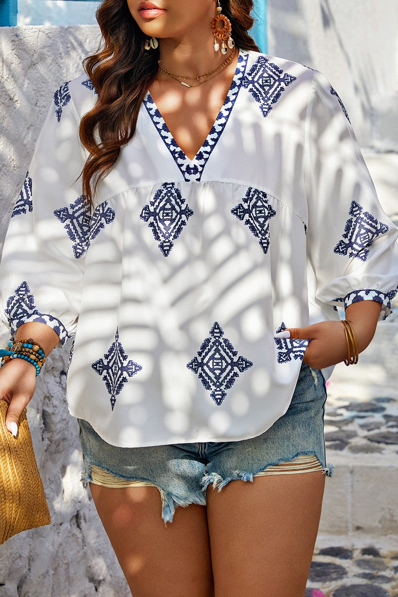 Plus V Neck Geometric Printed Embroidered Peplum