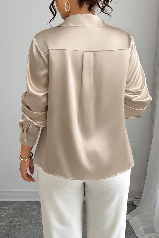 Plus Size Silk Long Sleeve Button Down Satin Shirt