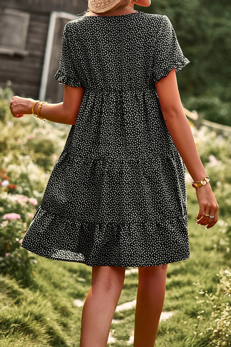 Floral Polka Dots Boat Neck Loose A Line Midi Dres