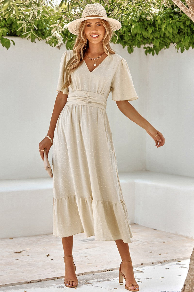 Dot V Neck Belt Solid Color Block Dress