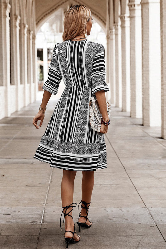 Allover Print Surplice Neck Ruffle Hem Fit Dress