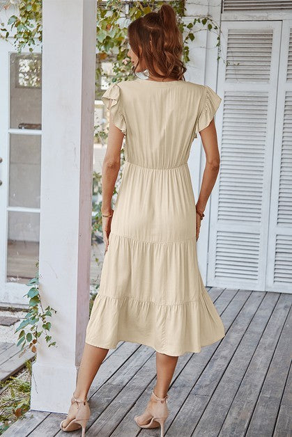 V Neck Flutter Sleeve Ruffle Hem Layered Dress