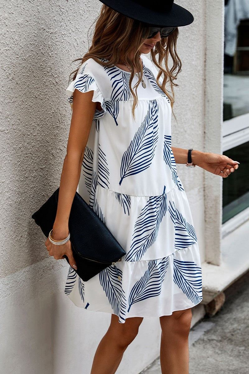 Leaf Print Ruffle Sleeves A Line Midi Dress