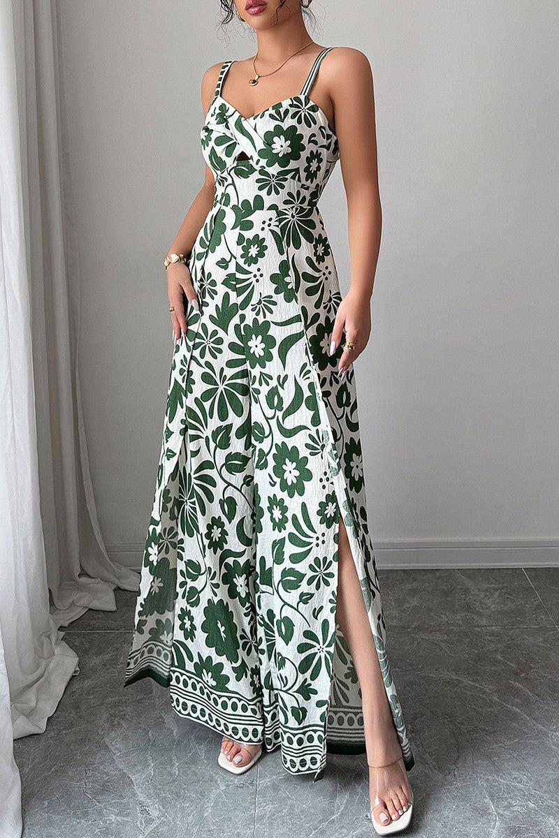 Floral Print High Waist Split Wide Leg Fit Jumpsuit