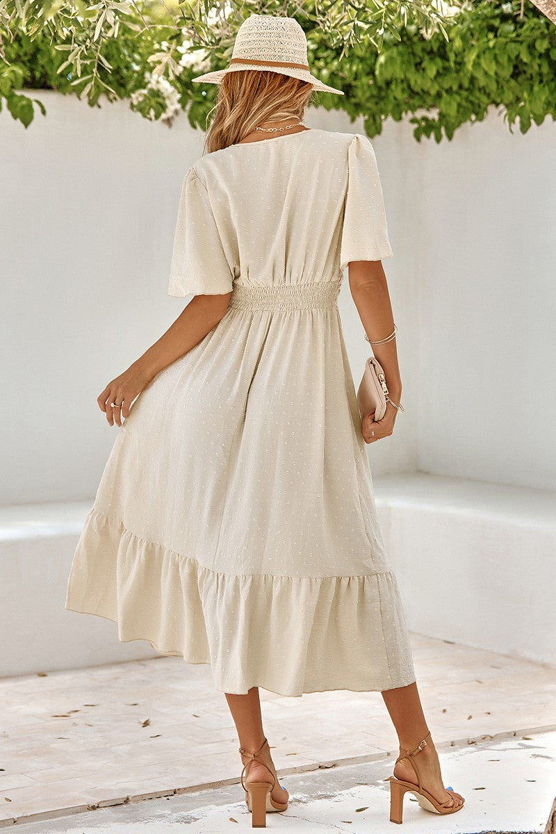 Dot V Neck Belt Solid Color Block Dress