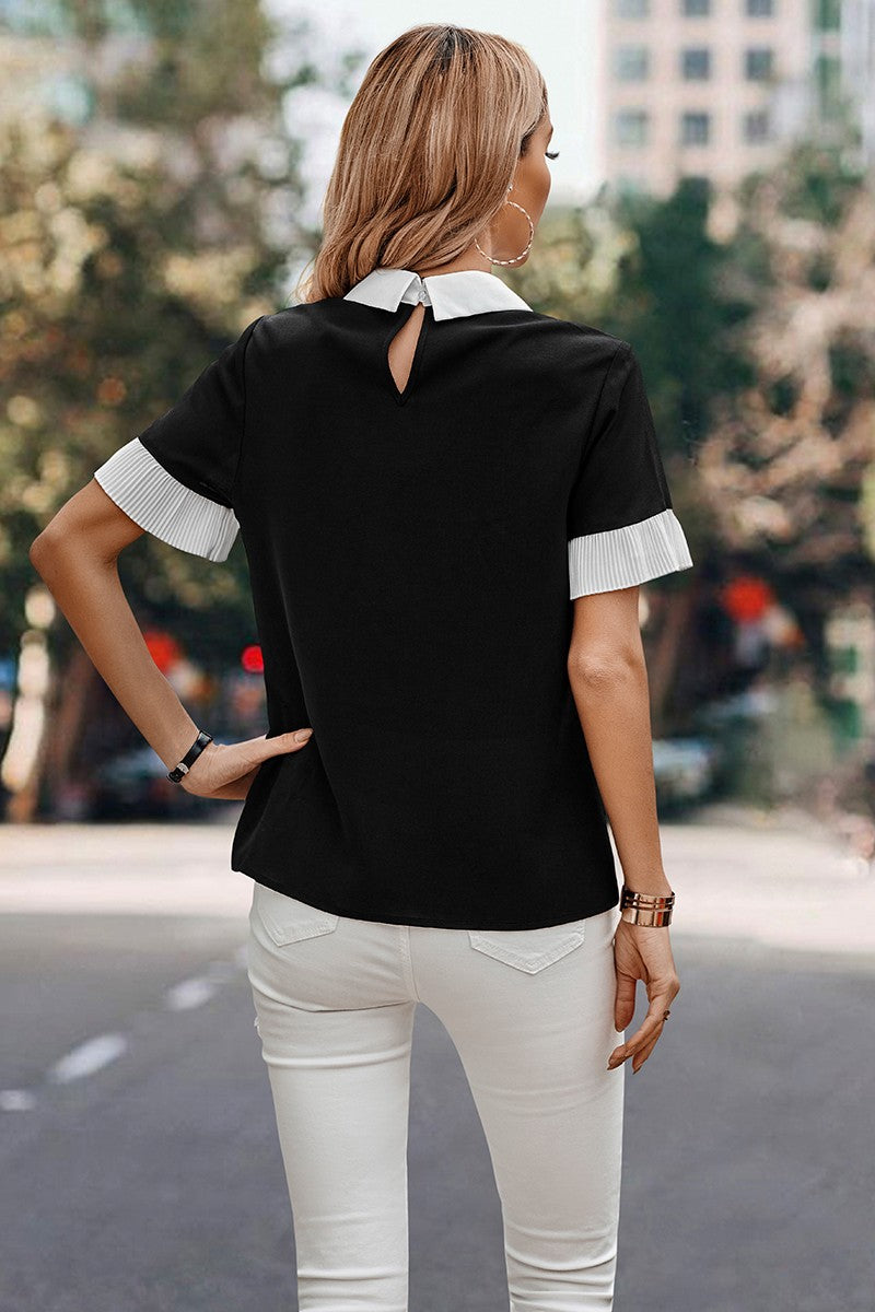 Color Block Contrast Collar Flounce Sleeve Blouse