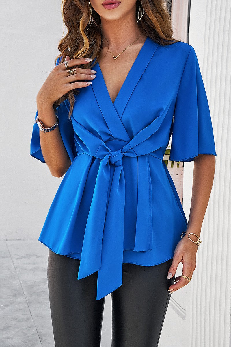 Wide Sleeve Deep V Knot Cross Ruffle Fit Blouse