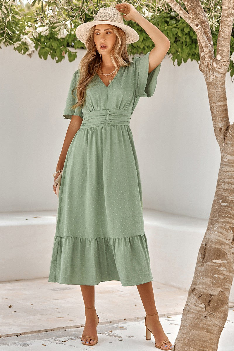 Dot V Neck Belt Solid Color Block Dress
