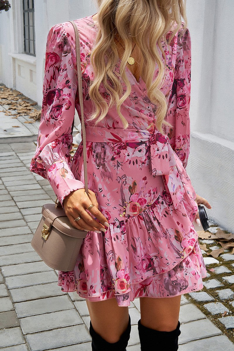 Floral Belt Puff Sleeves Fit Ruffle Hem Short Dress