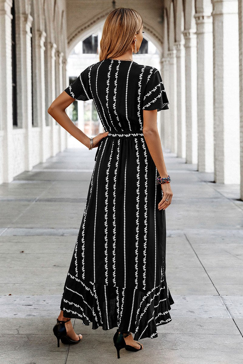 Strip Knot Belt Split V Neck Hem Ruffle Fit Dress