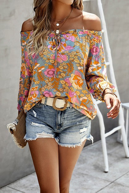 Boho Print Off Shoulder Long Sleeve Knot Front Blouse