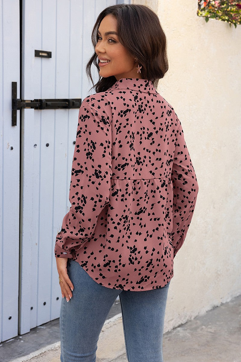 Allover Print V Neck Button Down Loose Blouse