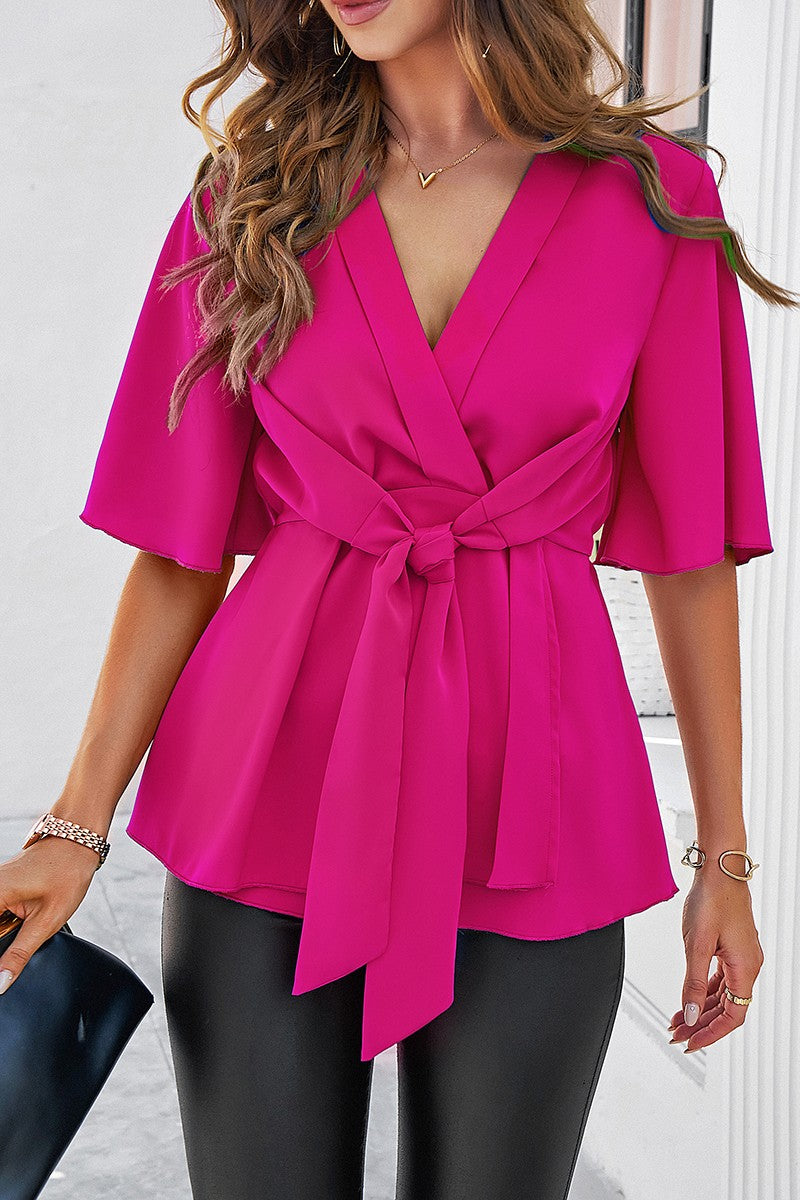 Wide Sleeve Deep V Knot Cross Ruffle Fit Blouse