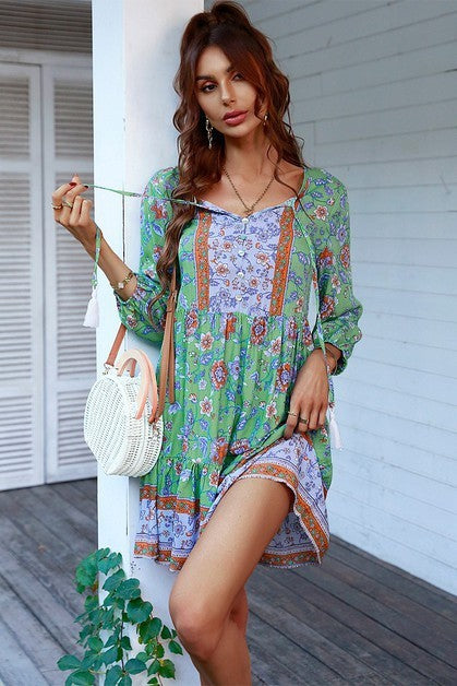 Floral Printed Button Down V Neck Long Sleeve Dress