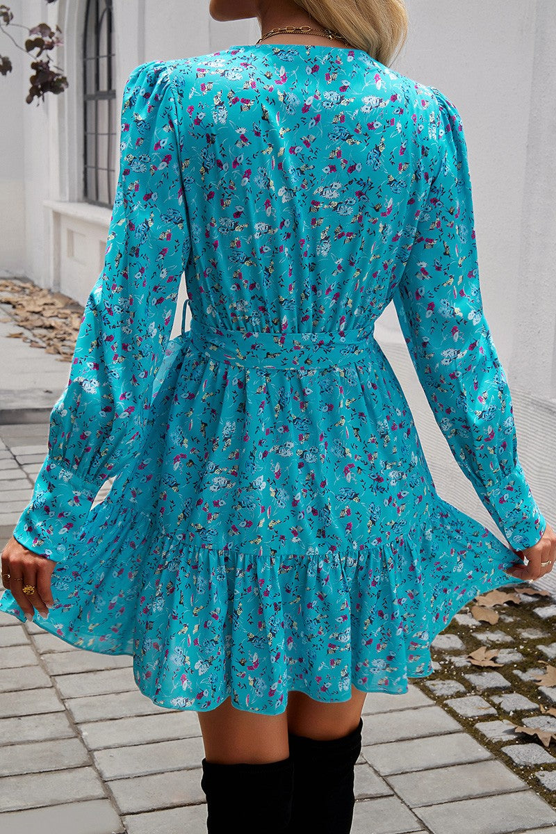 Floral Belt Puff Sleeves Fit Ruffle Hem Short Dress