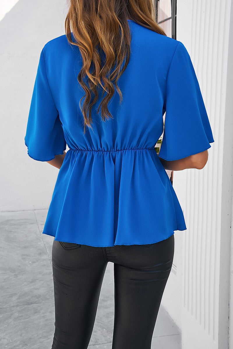 Wide Sleeve Deep V Knot Cross Ruffle Fit Blouse