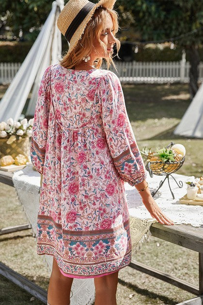 Floral V Neck Long Sleeve Boho A Line Dress