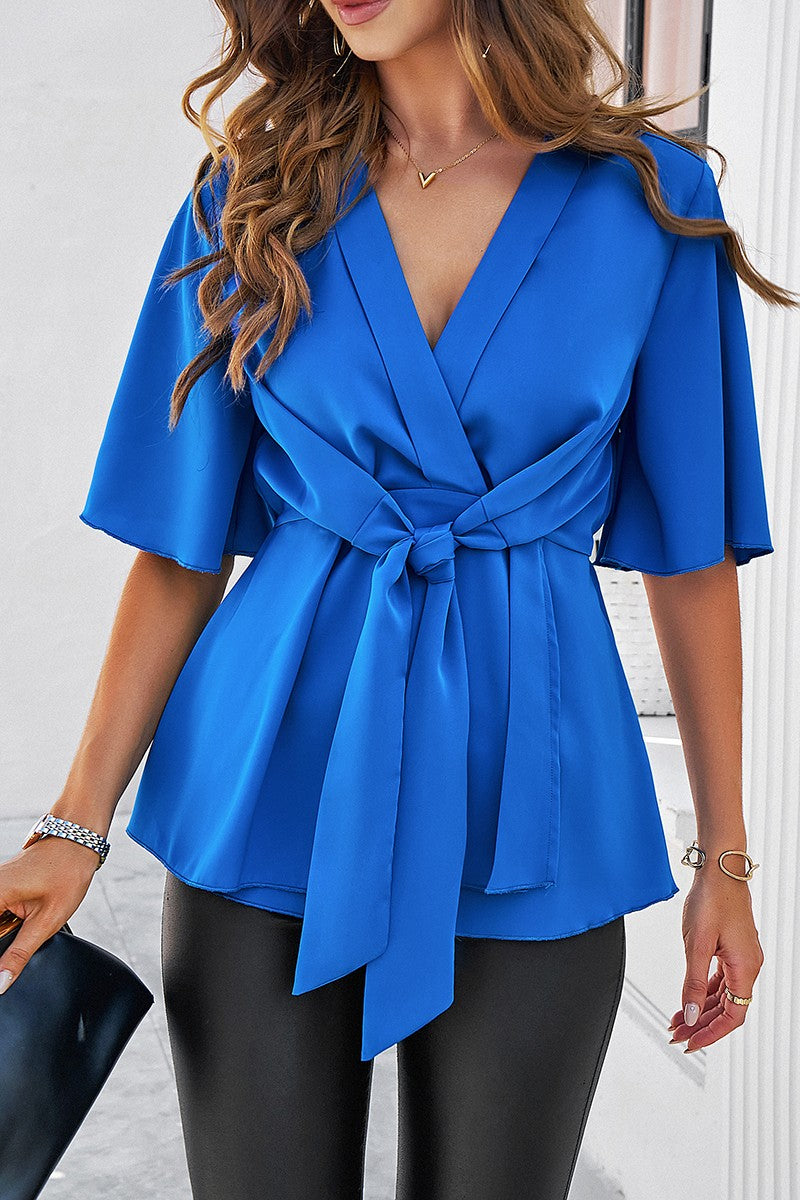 Wide Sleeve Deep V Knot Cross Ruffle Fit Blouse