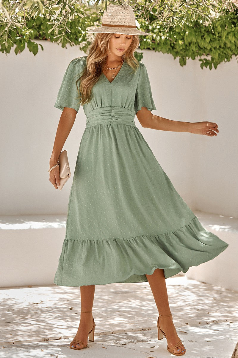 Dot V Neck Belt Solid Color Block Dress