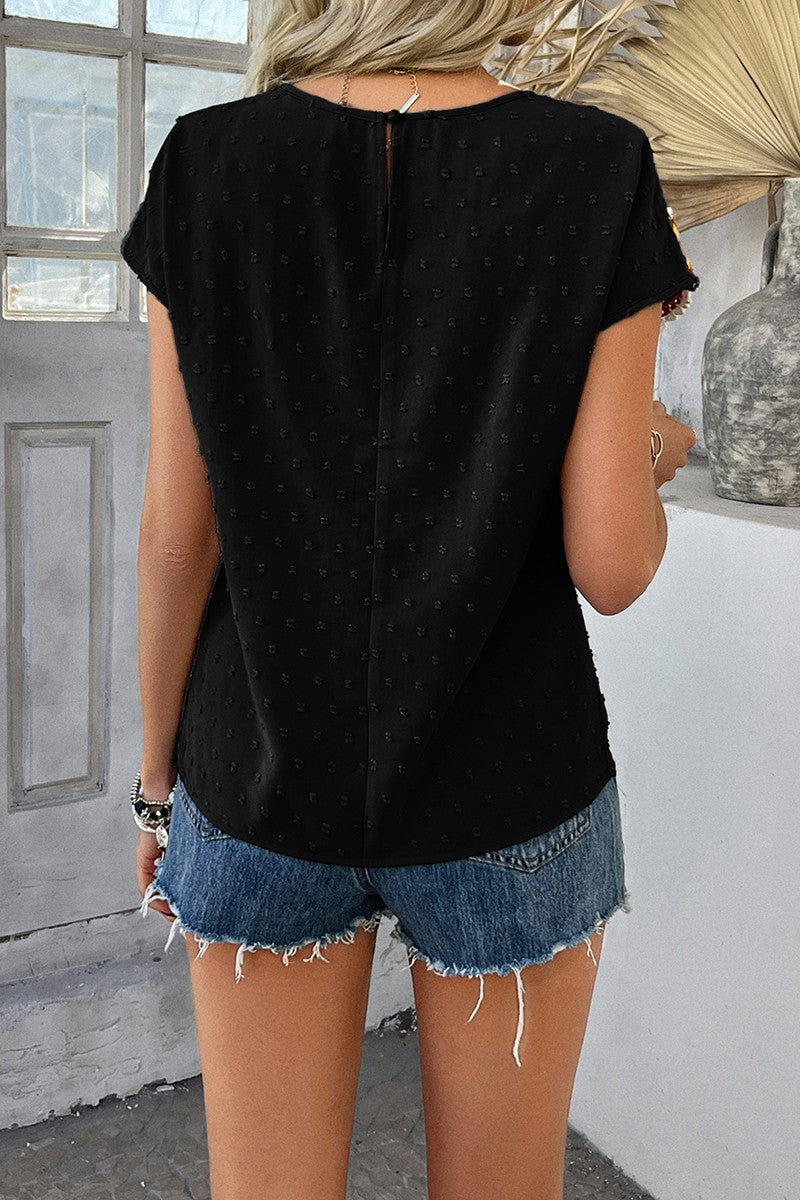 Swiss Dot Crochet Patchwork Short Sleeves Shirt