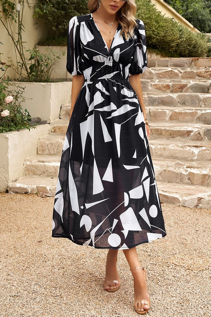 Bohemian V Neck Elastic Waisted Band Midi Dress