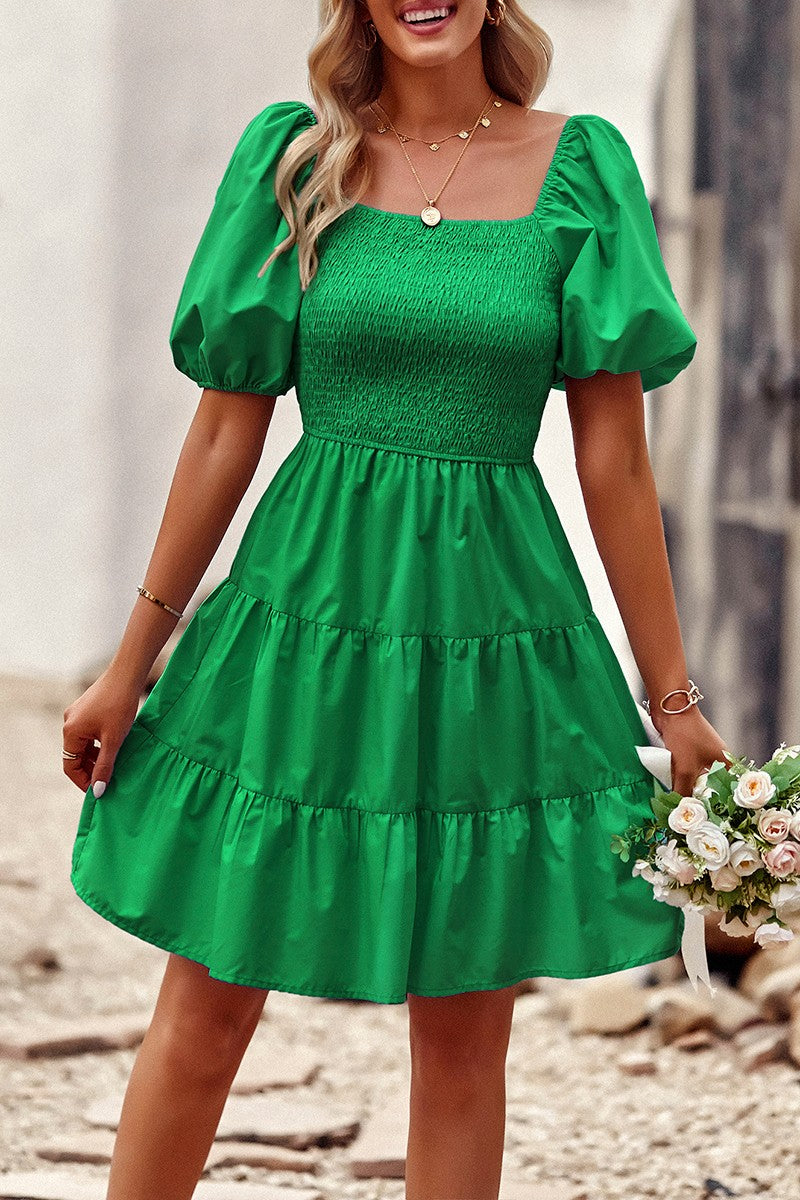 Square Neck Ruched Balloon Sleeve Smocked Midi Dre