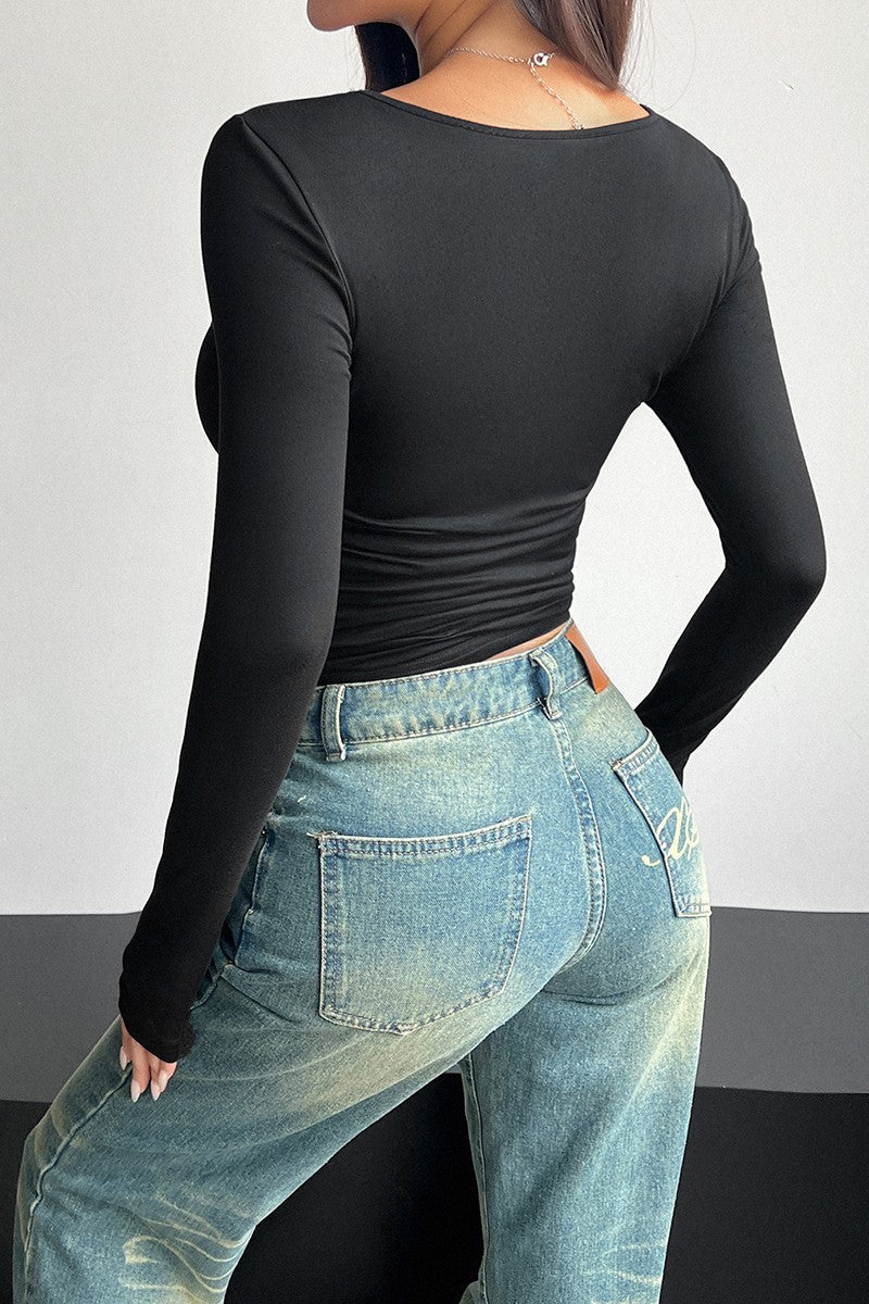 Solid Square Neck Elastic Long Sleeves Shirt