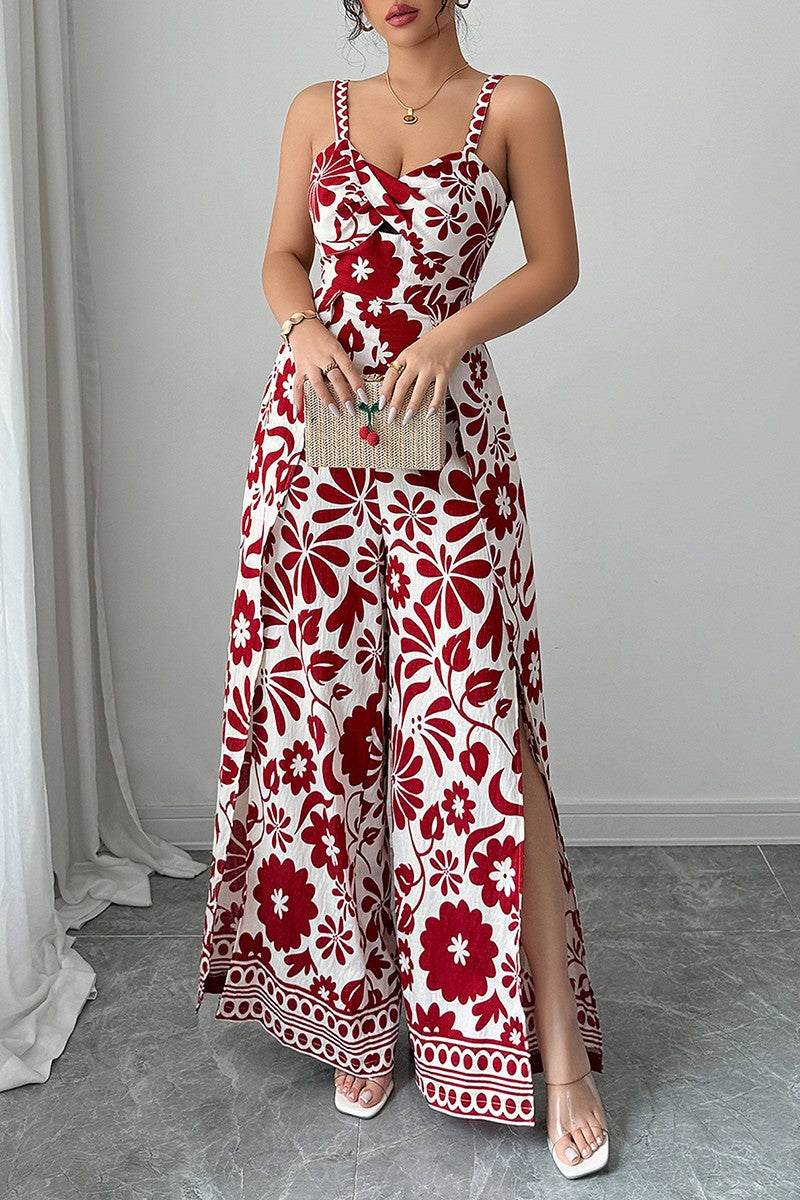 Floral Print High Waist Split Wide Leg Fit Jumpsuit