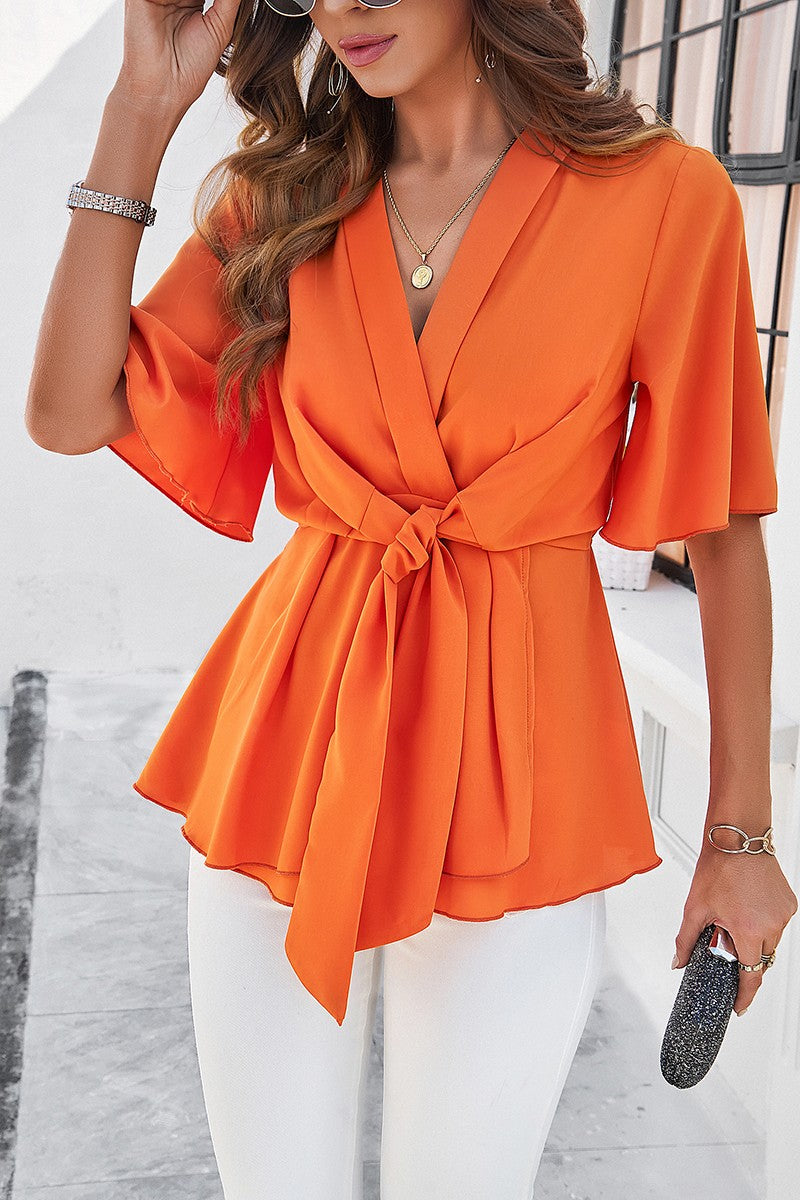 Wide Sleeve Deep V Knot Cross Ruffle Fit Blouse