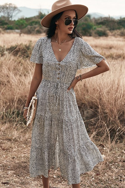 V Neck Polka Dot Short Sleeve Dress