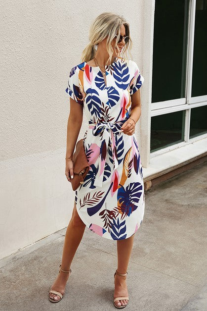 Notched Neck Floral Print Belted Fit Dress