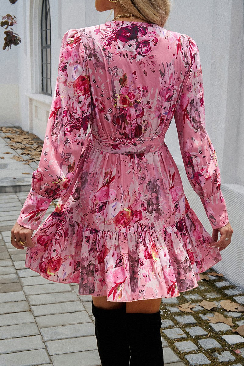 Floral Belt Puff Sleeves Fit Ruffle Hem Short Dress
