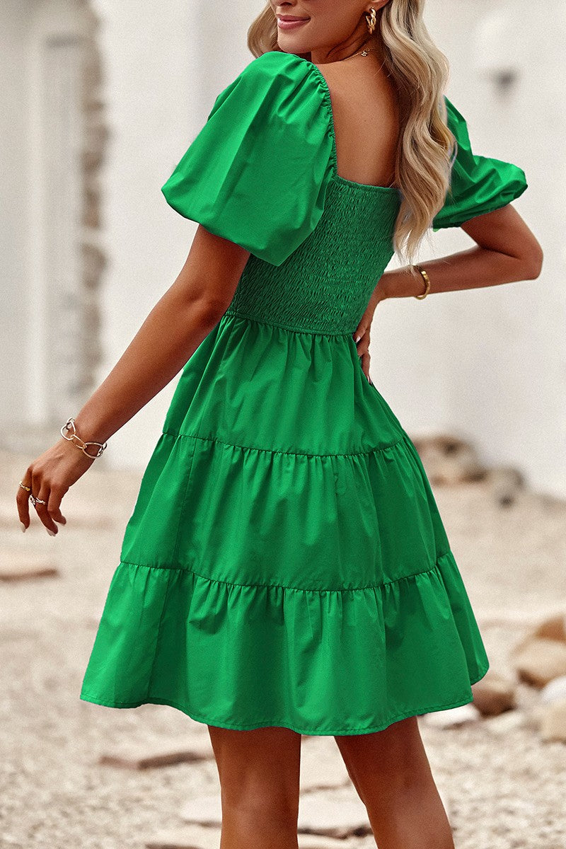 Square Neck Ruched Balloon Sleeve Smocked Midi Dre