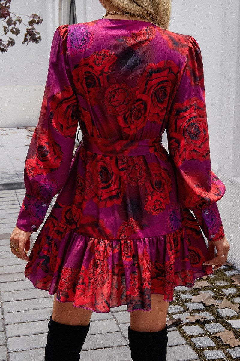 Floral Belt Puff Sleeves Fit Ruffle Hem Short Dress