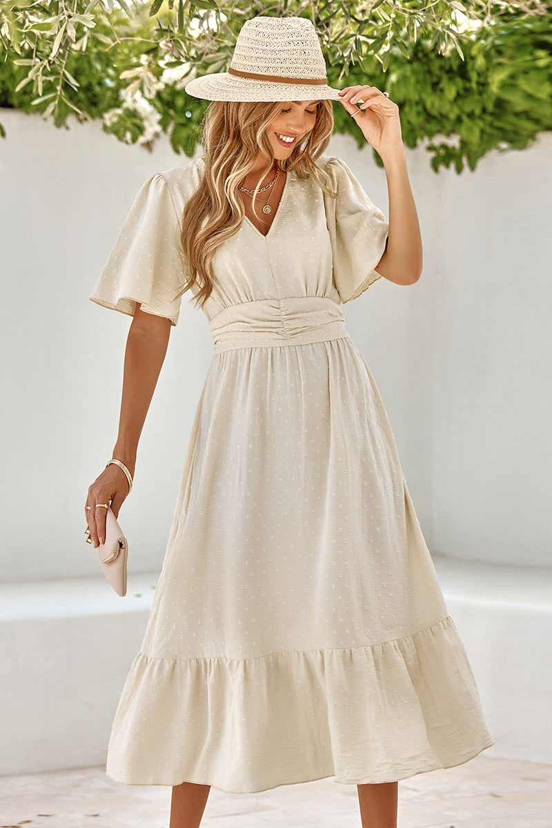 Dot V Neck Belt Solid Color Block Dress