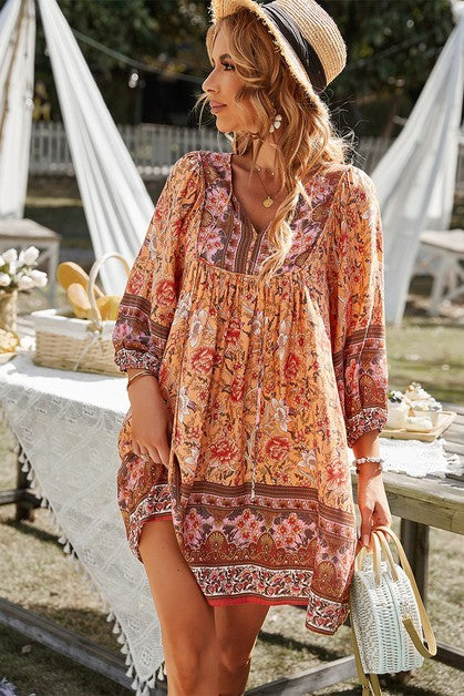Floral V Neck Long Sleeve Boho A Line Dress