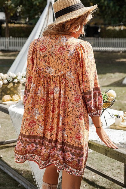 Floral V Neck Long Sleeve Boho A Line Dress