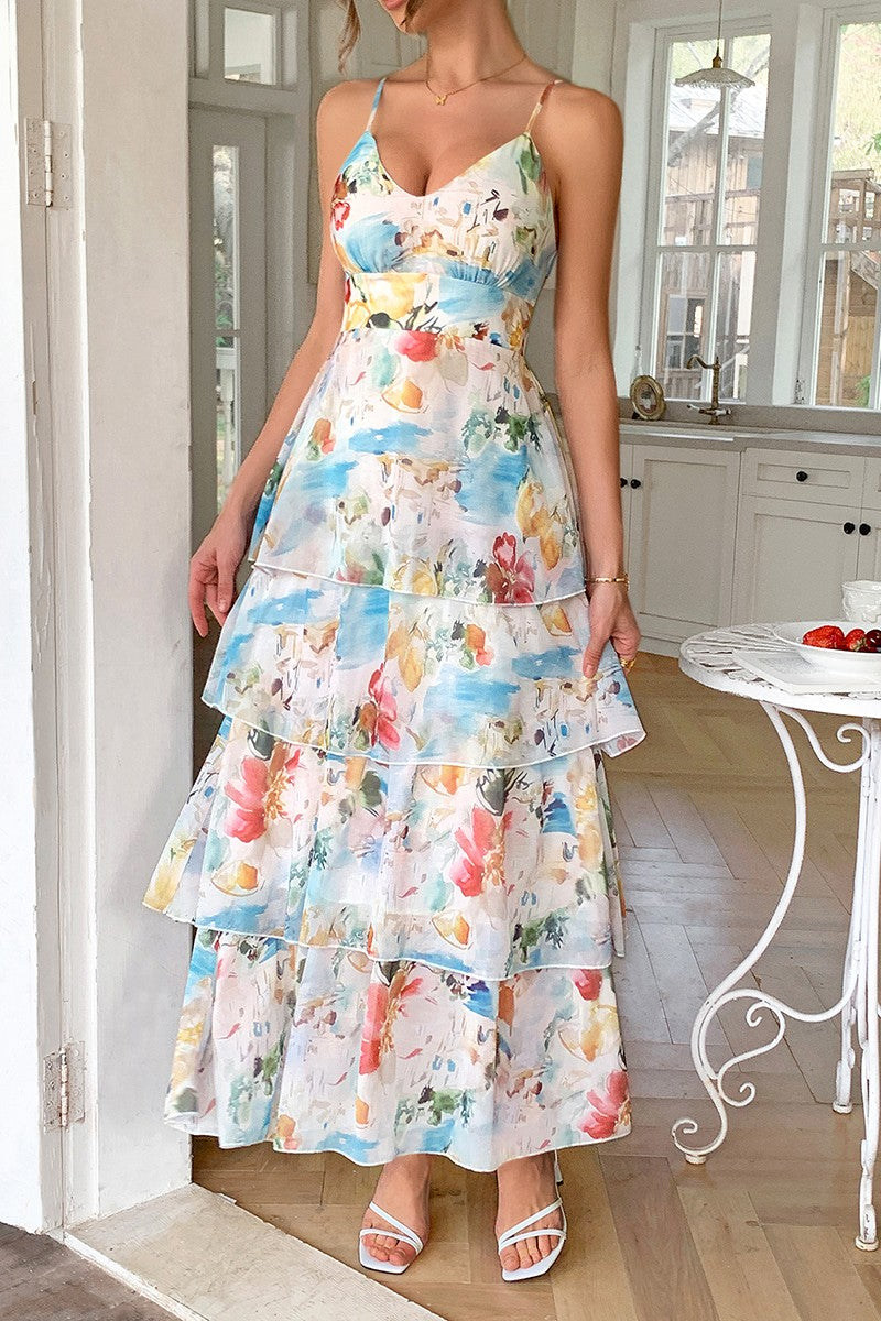Straps Floral Print V Neck Patchwork Full Dress