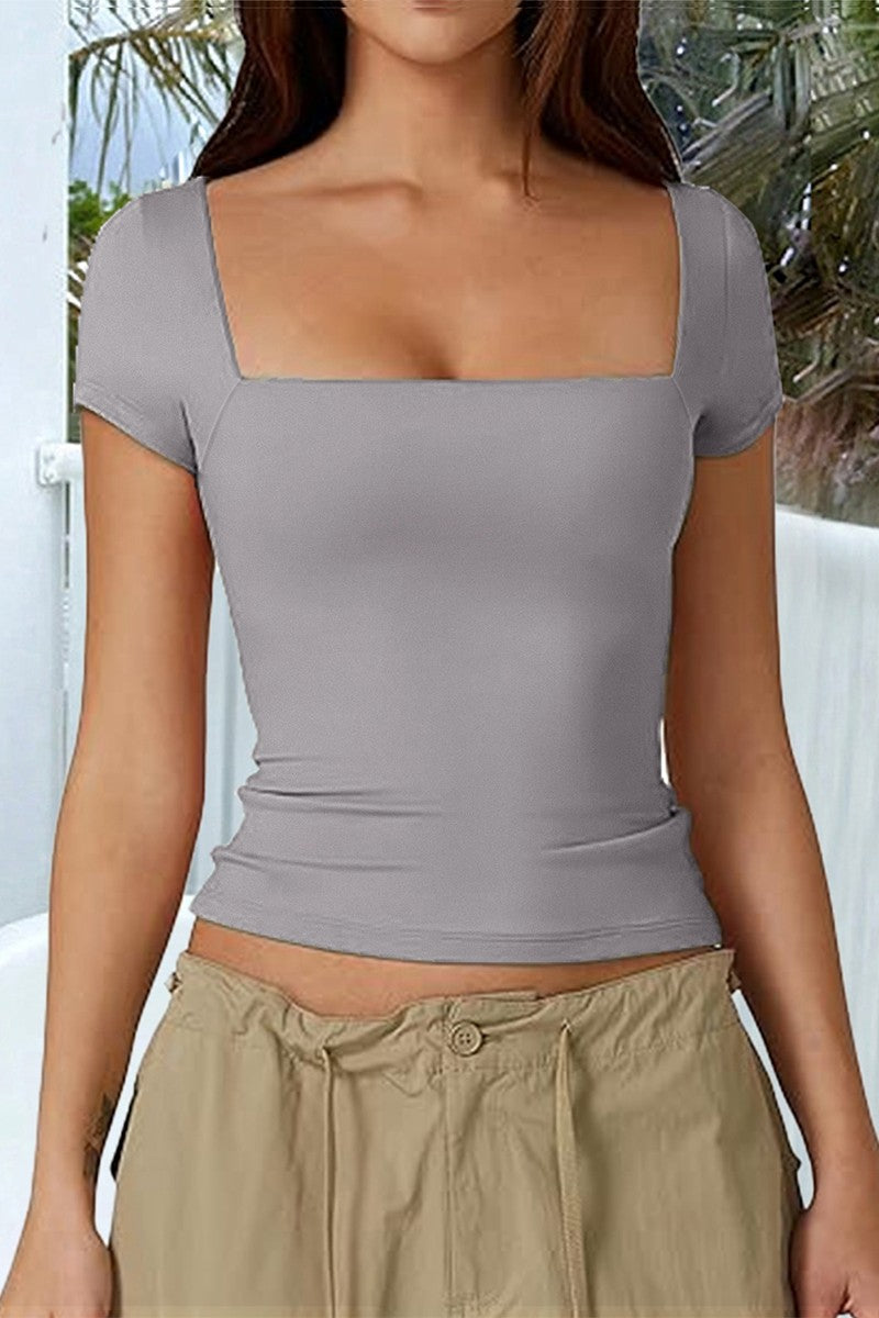 Square Neck Fit Elastic Short Sleeves Shirt