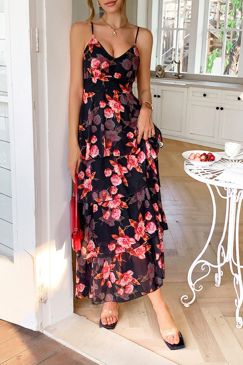 Straps Floral Print V Neck Patchwork Full Dress