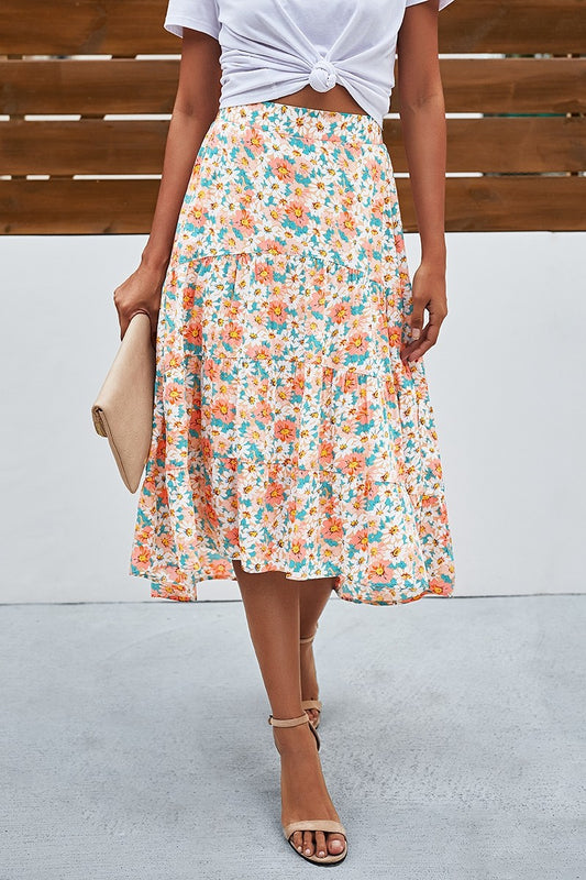 Floral Print High Waist Skirt A Line Long Skirt