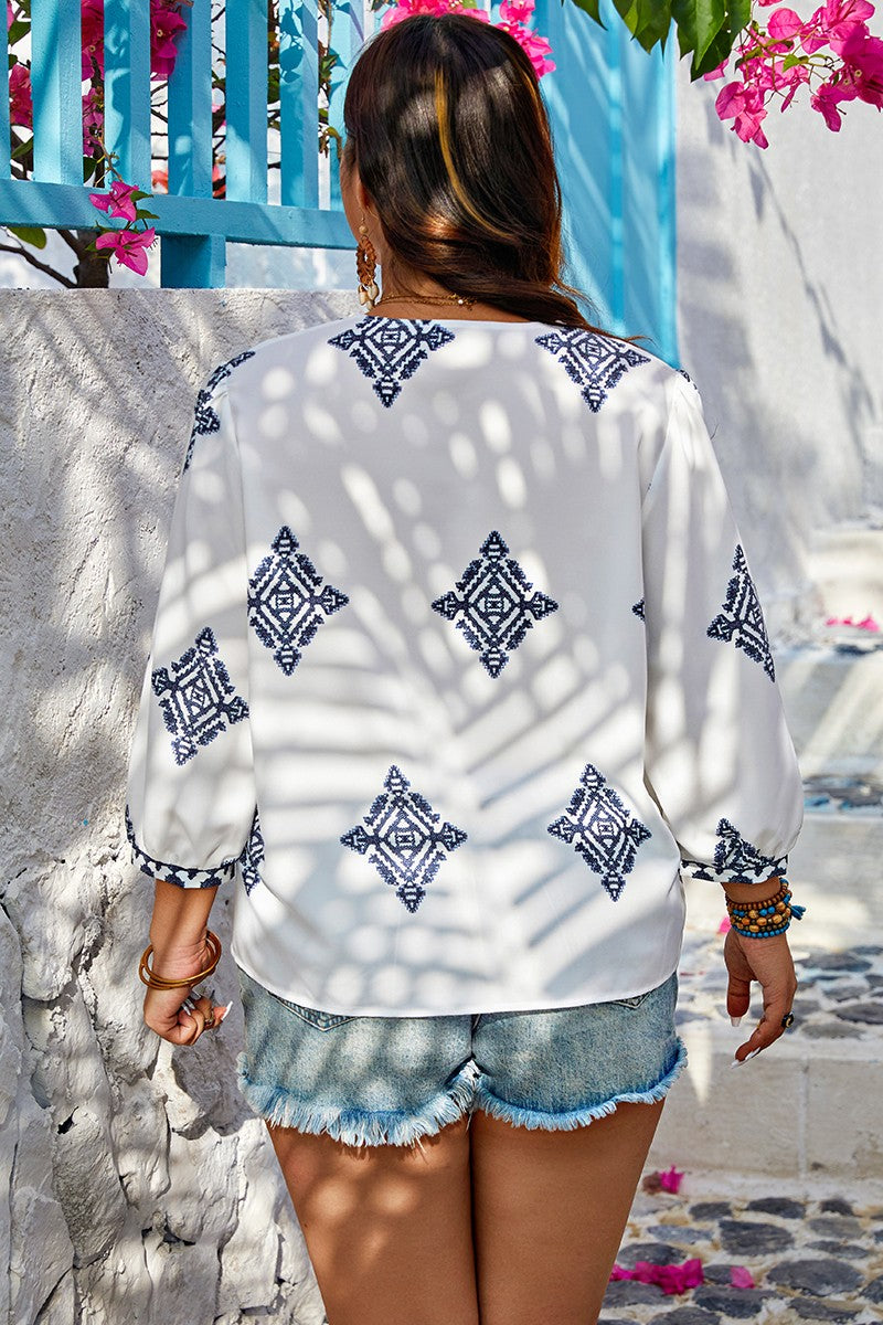 Plus V Neck Geometric Printed Embroidered Peplum