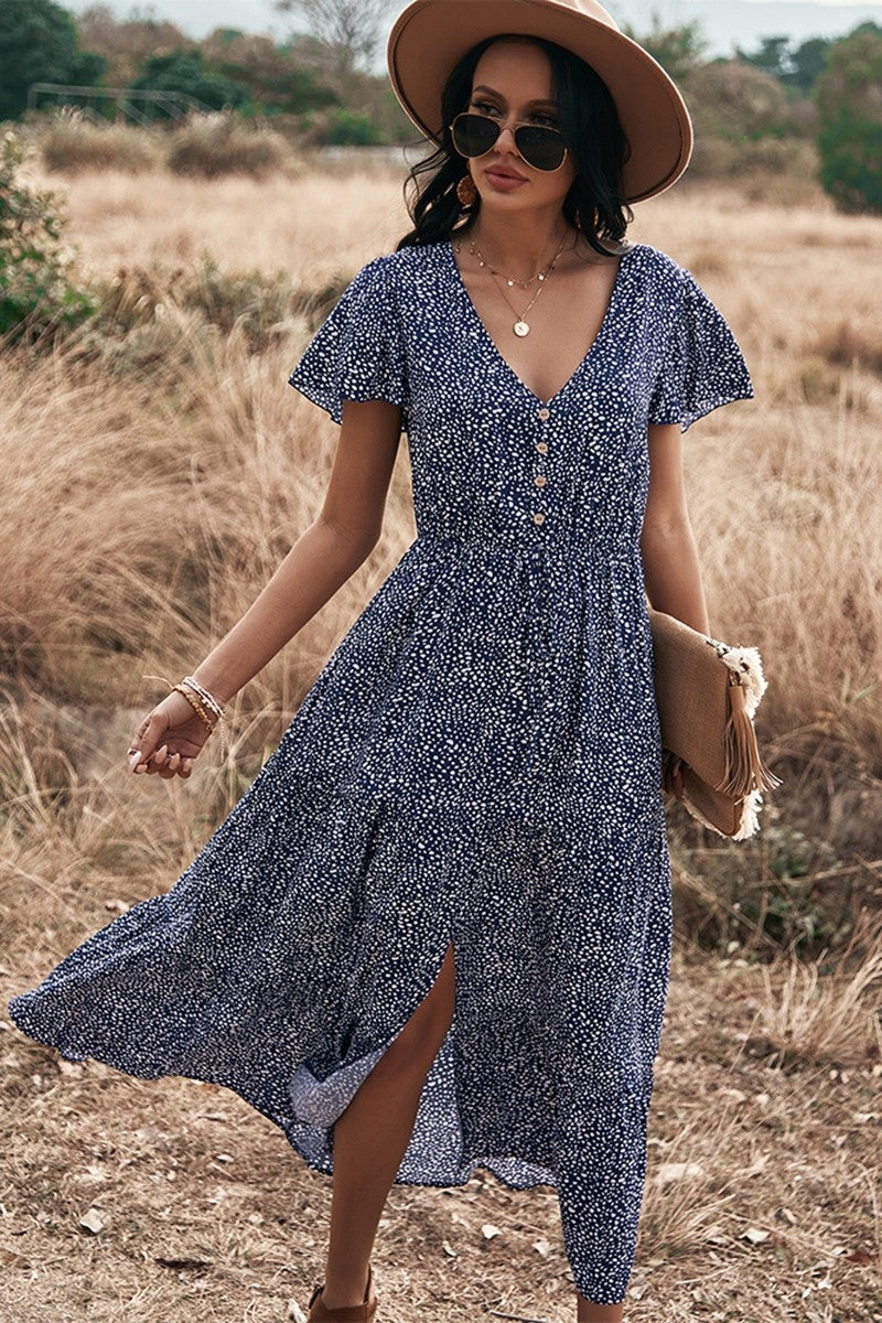 V Neck Polka Dot Short Sleeve Dress