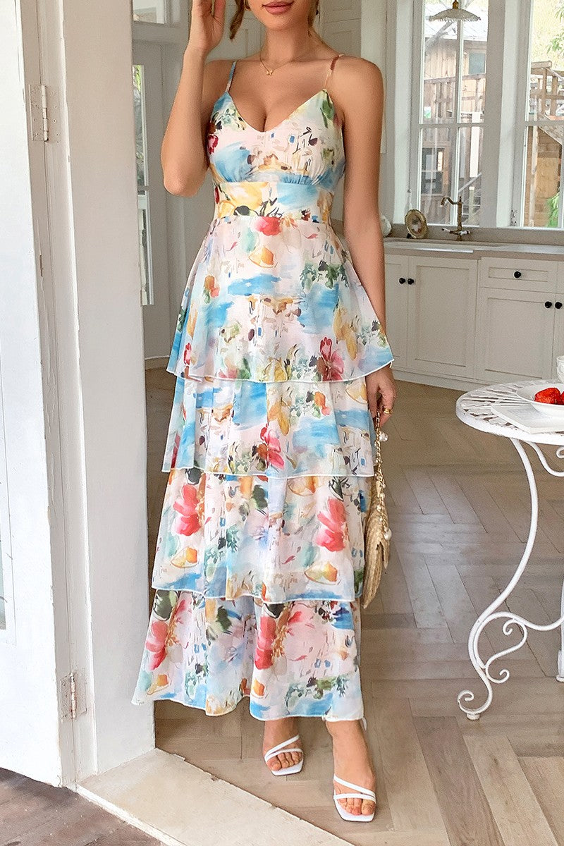 Straps Floral Print V Neck Patchwork Full Dress