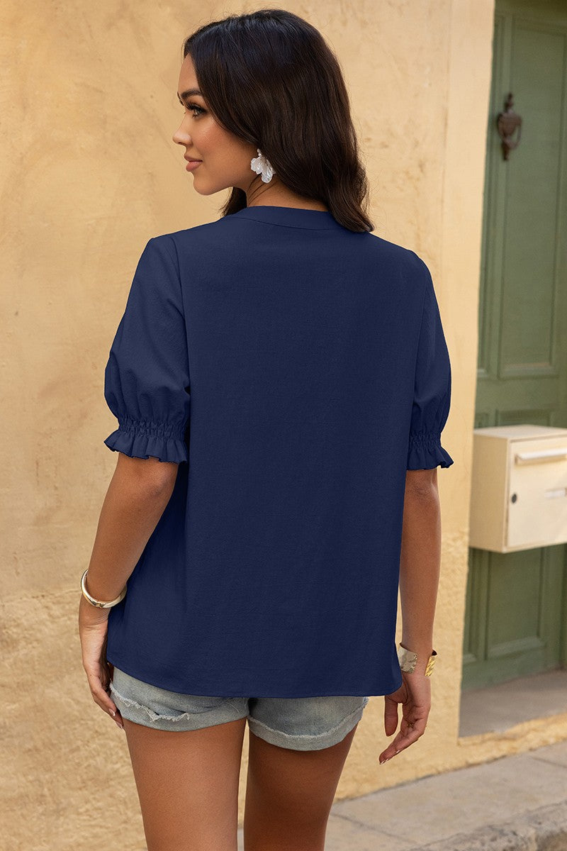 V Neck Boho Puff Short Sleeve Button Down Shirt