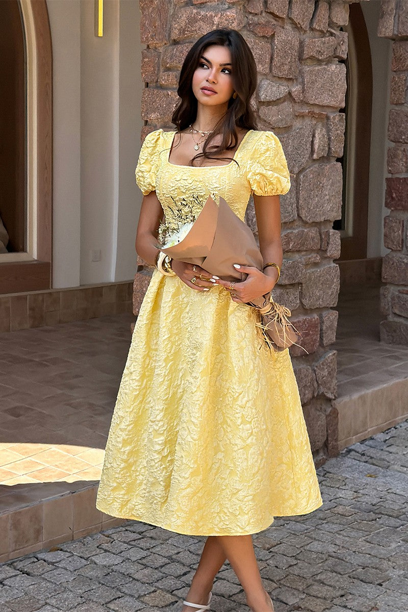 Solid Square Neck Puff Sleeve Midi Dress