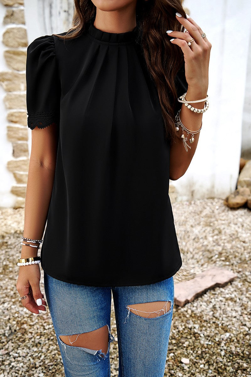 Crew Neck Solid Ruffle Loose Fit Dressy Elegant Shirt