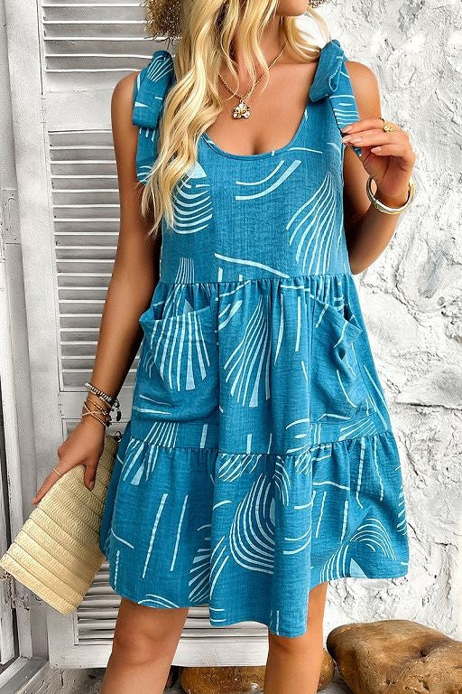 Abstract Printed Round Neck Pockets A-line Dress